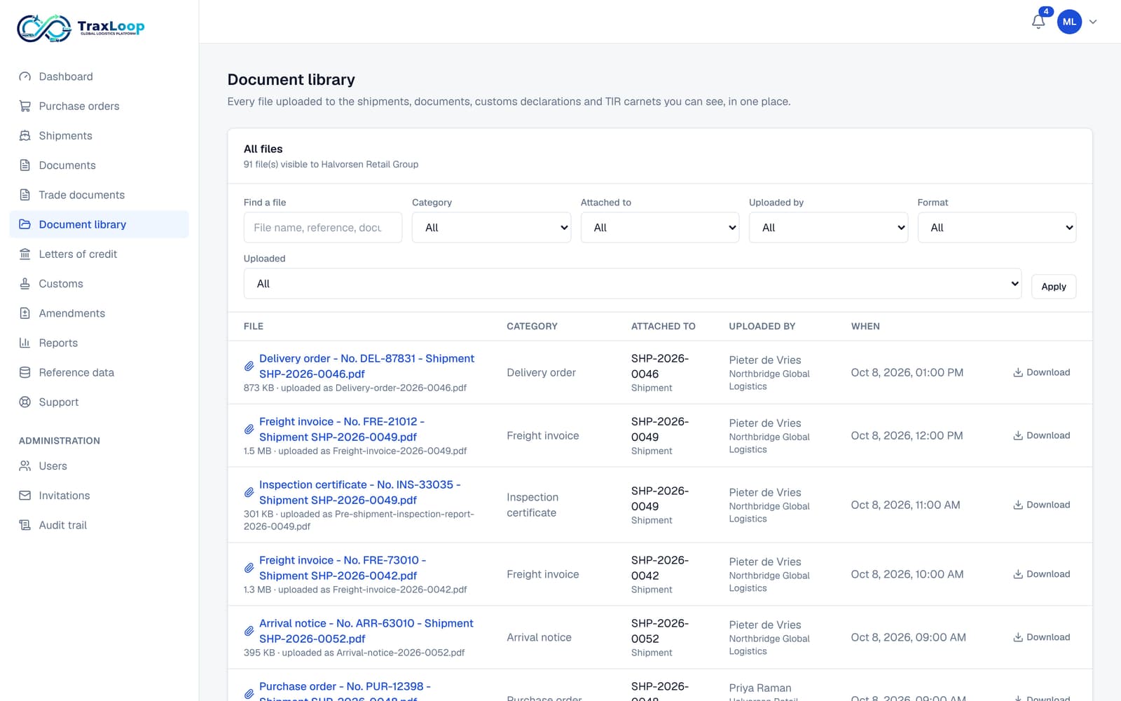 The document library of the TraxLoop portal