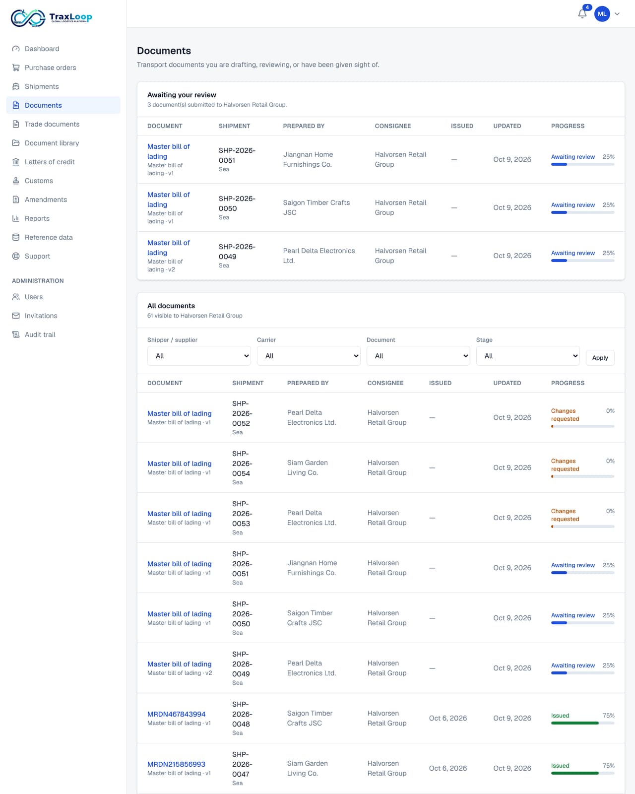 The Documents module of the TraxLoop portal