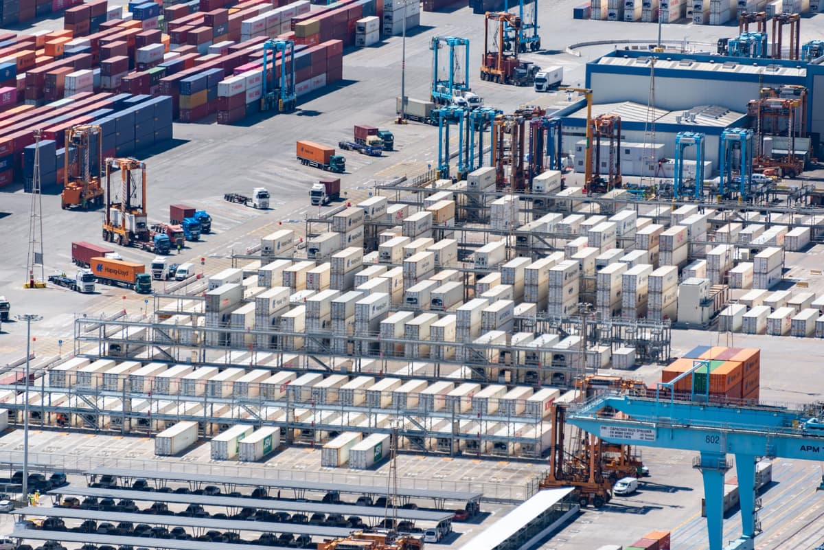 A container train at an inland rail terminal